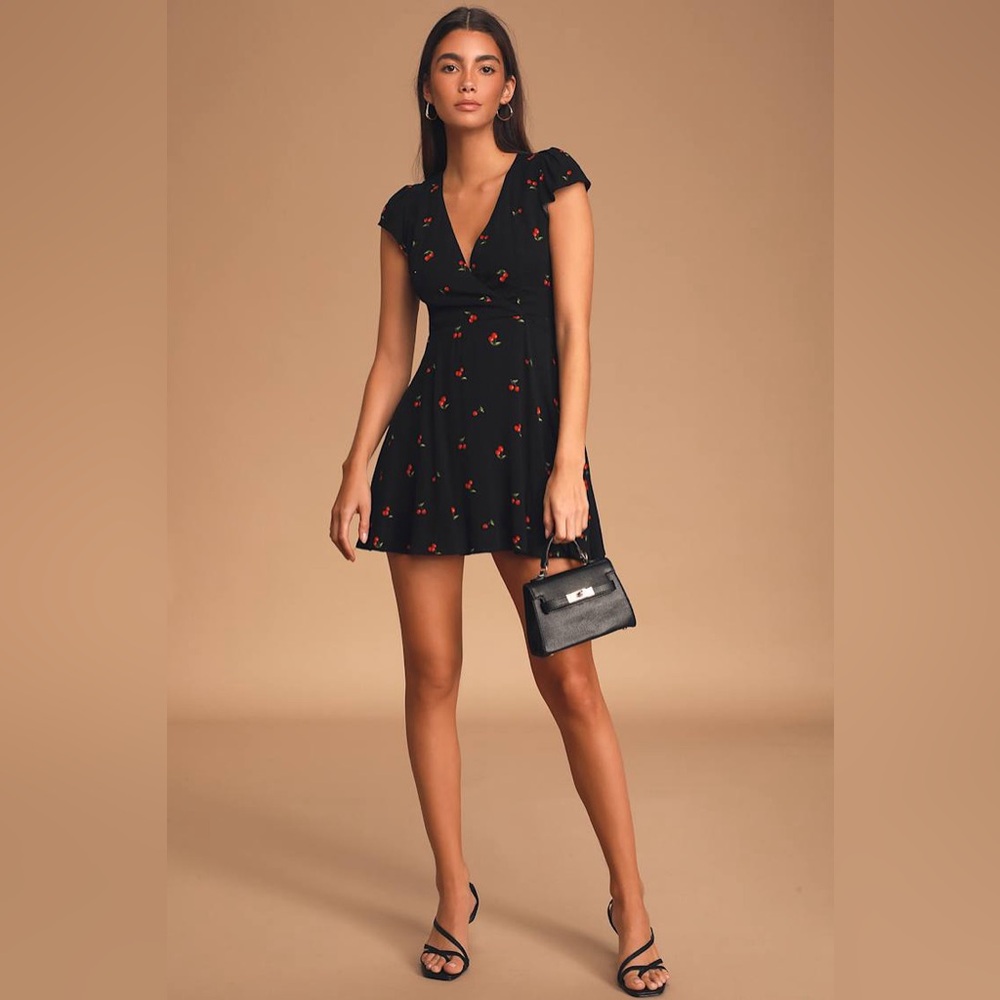 Lulus Women’s Best Day Ever Black Cherry Print Skater Dress - Picture 2 of 10